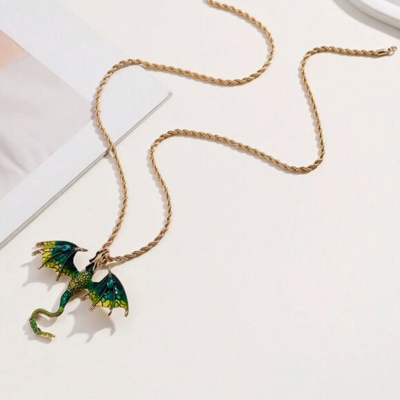 🐉 Blue or Green Enamel Dragon Necklace | 22" Goldtone Rope Chain 🐉 - Picture 2 of 3